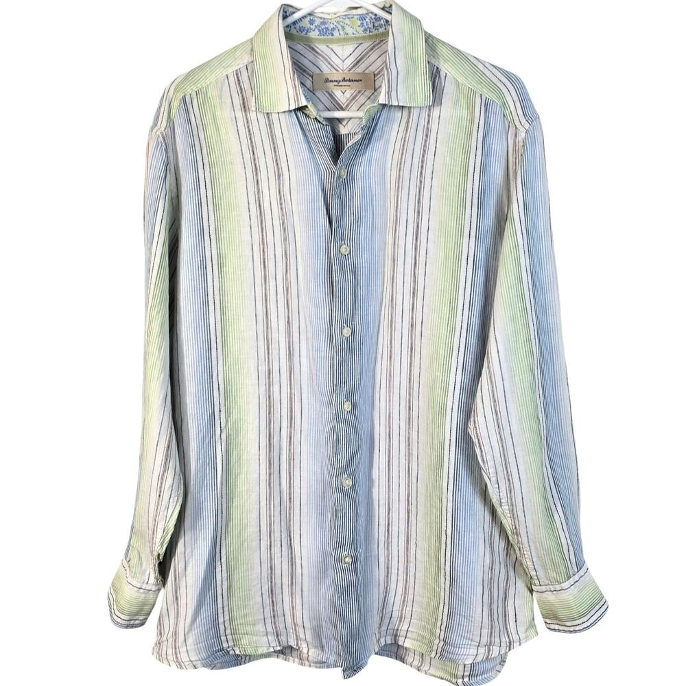 Tommy Bahama Shirt Men's M Blue Green Stripe Linen Button Up Coastal Casual